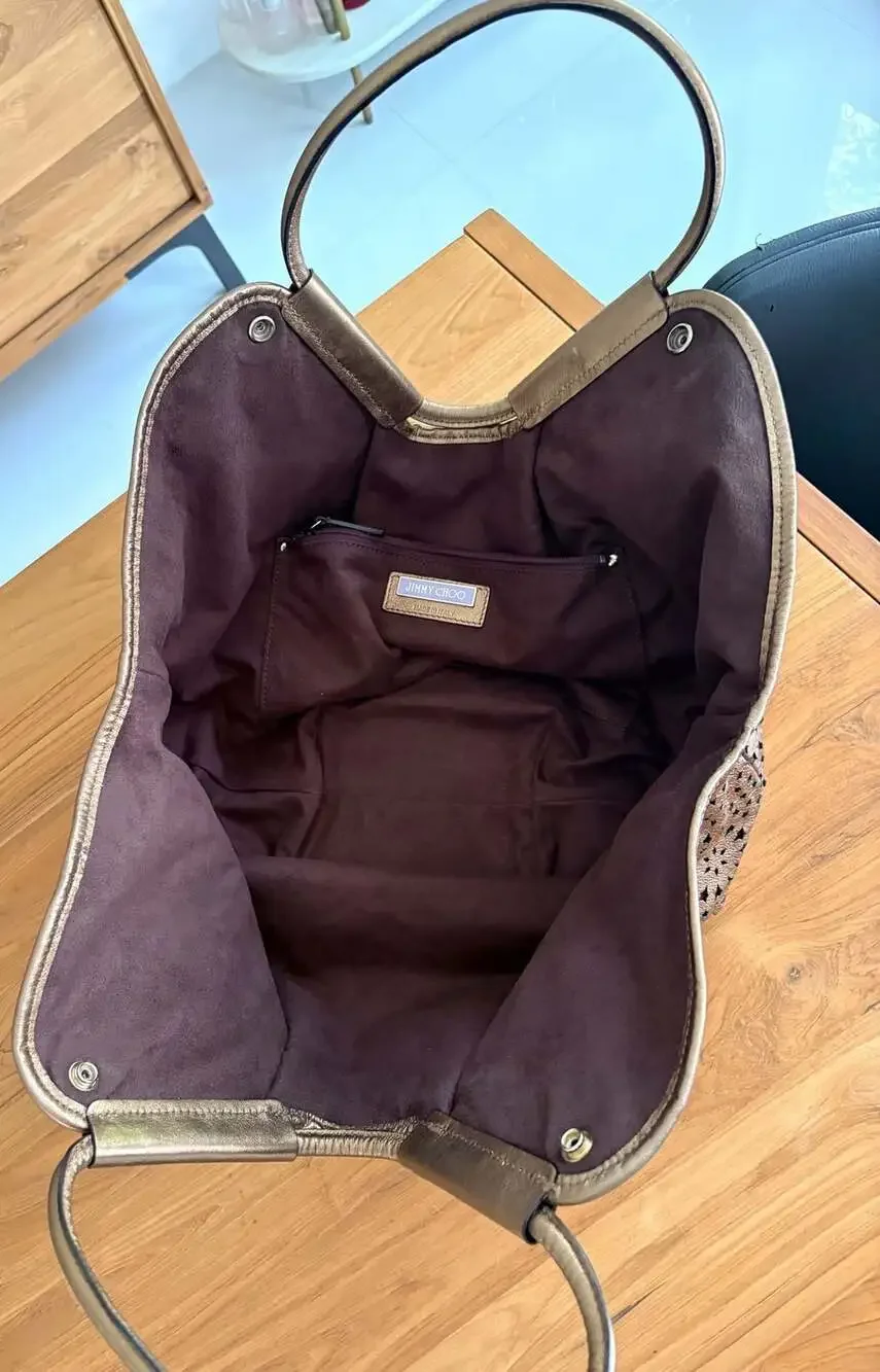 Jimmy Choo Metallic Bronze Star Perforated Leather Tote Shoulder Bag
